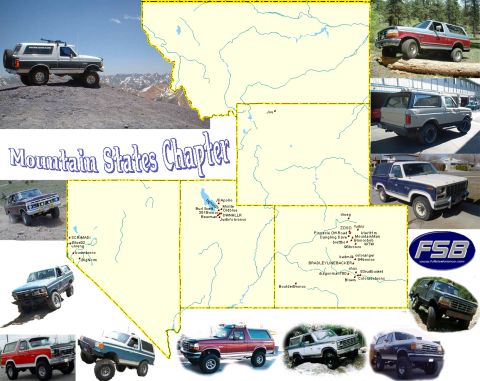 1995 Ford Bronco - A collage of various Ford Broncos, maps of the Mountain States Chapter, and club logos.