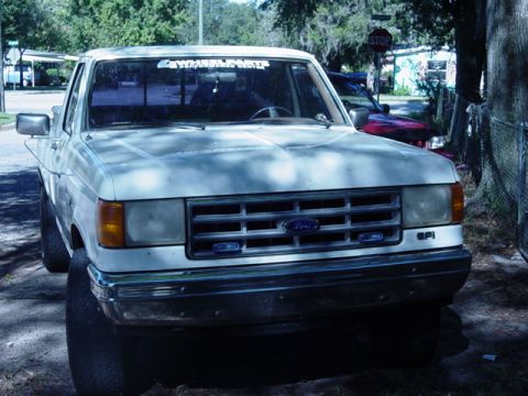 1989 Ford Bronco - Front view of a white 1987 Ford F-150 pickup truck parked outdoors. Another vehicle is visible behind it.