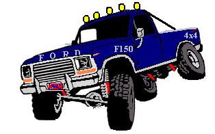 1978 Ford Bronco - A blue Ford F150 4x4 truck is depicted with its front wheels lifted off the ground.