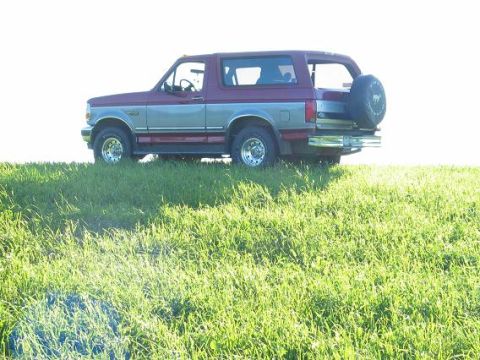 1995 Ford Bronco - A two-tone Ford Bronco is shown from the side, parked on a bright green grassy slope.
