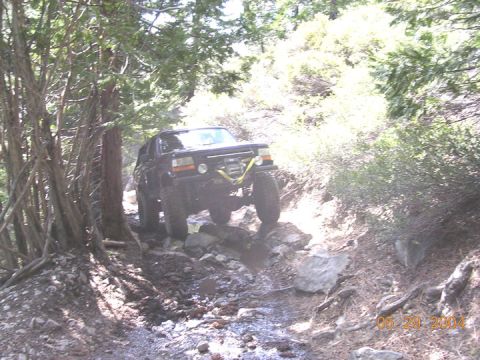 1994 Ford Bronco - A black SUV navigates a challenging, rocky off-road trail surrounded by trees.