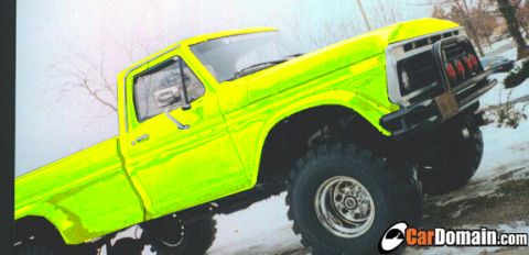 1990 Ford Bronco - This lifted pickup truck features a prominent grille guard and a vibrant neon green paint job.