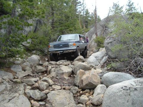 1989 Ford Bronco - A Ford Bronco tackles a challenging off-road trail with large rocks and trees.
