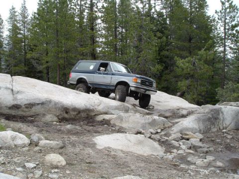 1989 Ford Bronco - A Ford Bronco navigates a rocky off-road trail surrounded by pine trees.