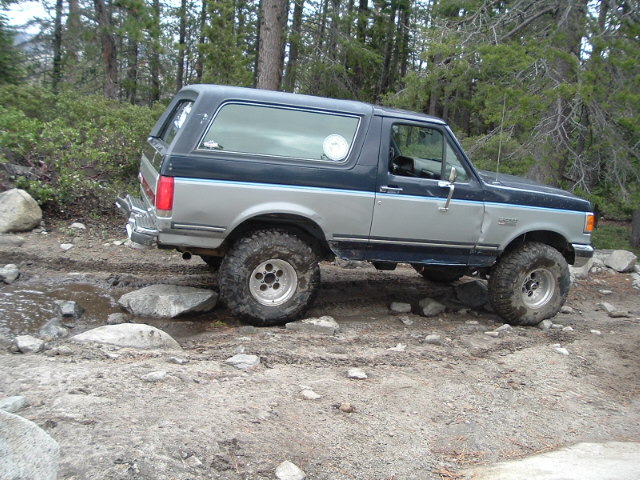 Gray and blue Ford Bronco SUV crawling over rocks on a forested off-road trail