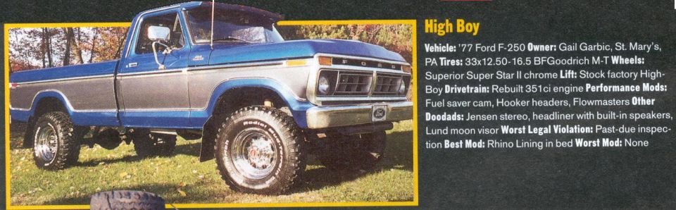 Magazine feature "High Boy" on a two-tone blue and silver '77 Ford F-250 4x4 with build specs