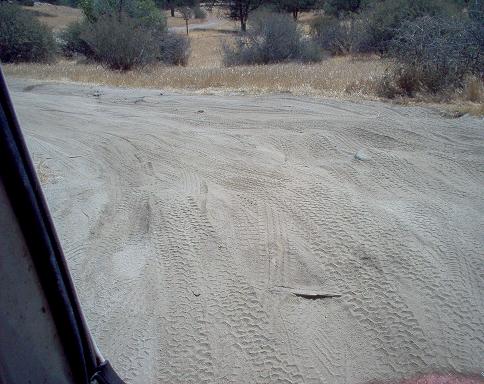 Dirt road with tire tracks in a dry, grassy area with trees in the background