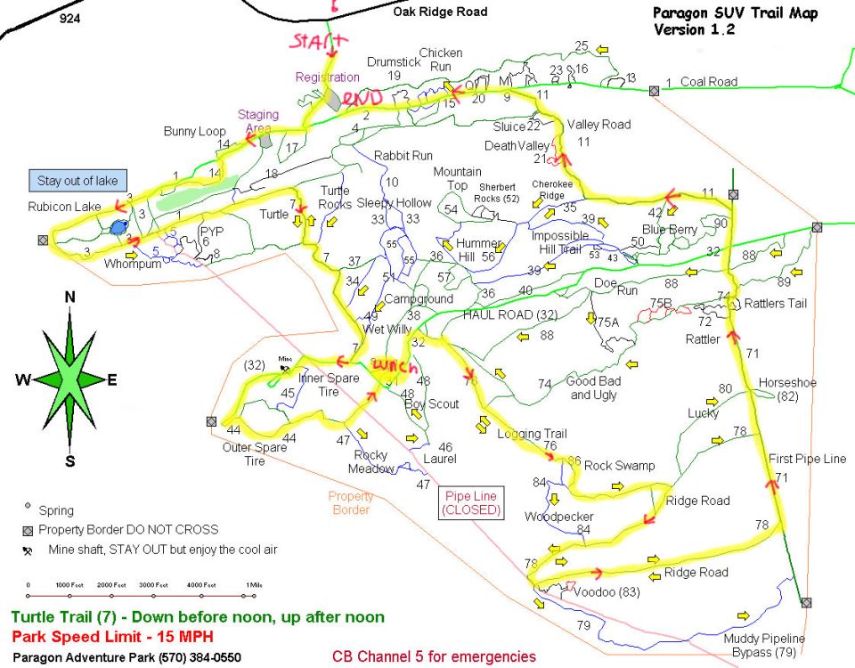 Paragon SUV trail map version 1.2 showing named off-road trails and a compass rose