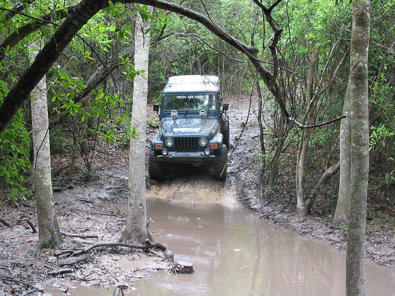 Blue Jeep Wrangler with white hardtop exiting a muddy water crossing on a wooded trail