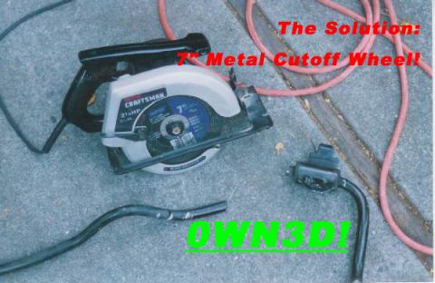 2000 Ford Taurus - How I fixed the welded bushings problem with my 2 buddies: a Craftsman powersaw and a 7" Metal cutoff wheel.