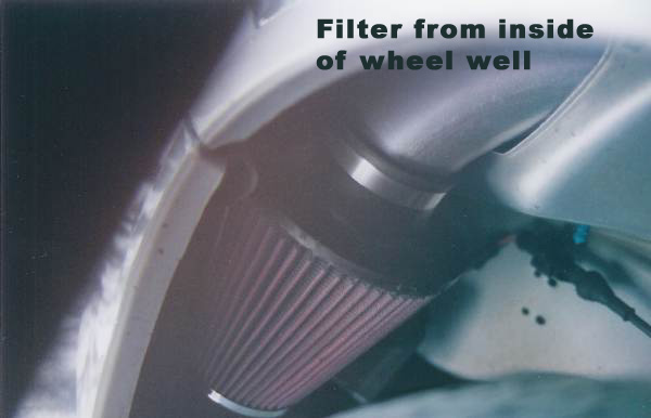 View of the filter from inside the wheel well and cover removed.