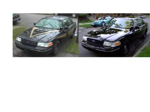 1998 Ford Crown Victoria - Two black Ford Crown Victorias are shown, one with a gold stripe and the other a police interceptor model.