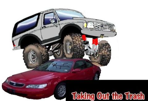 1990 Ford Bronco - A lifted Ford Bronco is shown crushing a red sedan, with "Taking Out the Trash" text at the bottom.