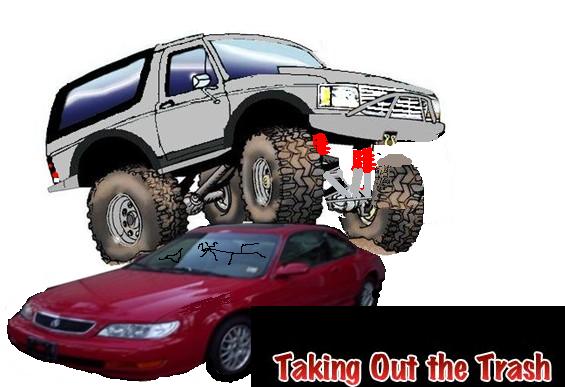 Gray lifted Ford Bronco with large tires on top of a red sedan, front 3/4 view