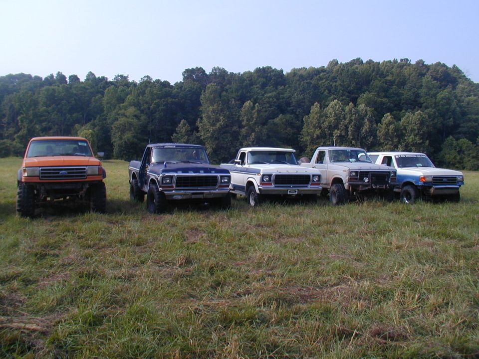 Five Ford pickup trucks parked in a grassy field with trees in the background