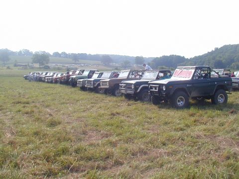 1988 Ford Bronco - Multiple Ford Broncos are parked in a row on a grassy field under a bright sky.
