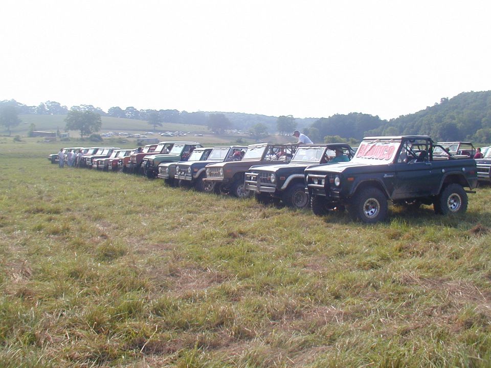 Line of Ford Broncos parked in a grassy field, one with a red banner on windshield