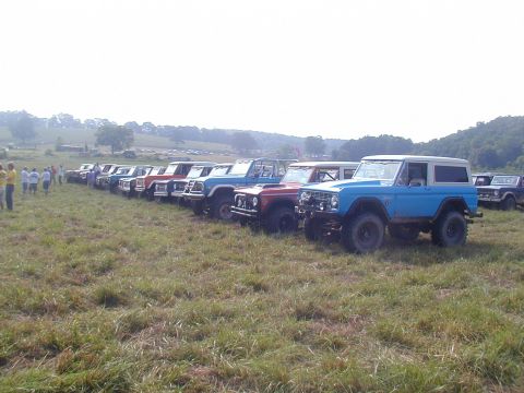 1988 Ford Bronco - A line of Ford Broncos are parked in a grassy field, with several people standing in the background.
