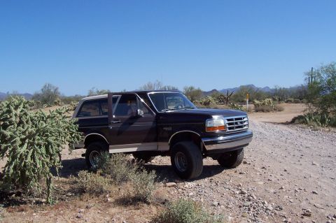 1992 Ford Bronco - Front three-quarter view of a dark brown/black 1990s full-size Ford Bronco with hardtop and two-tone lower body stripe, parked on a rocky d…