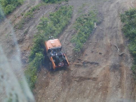 1988 Ford Bronco - Off-road vehicle navigates a challenging dirt incline with dense vegetation on the sides.