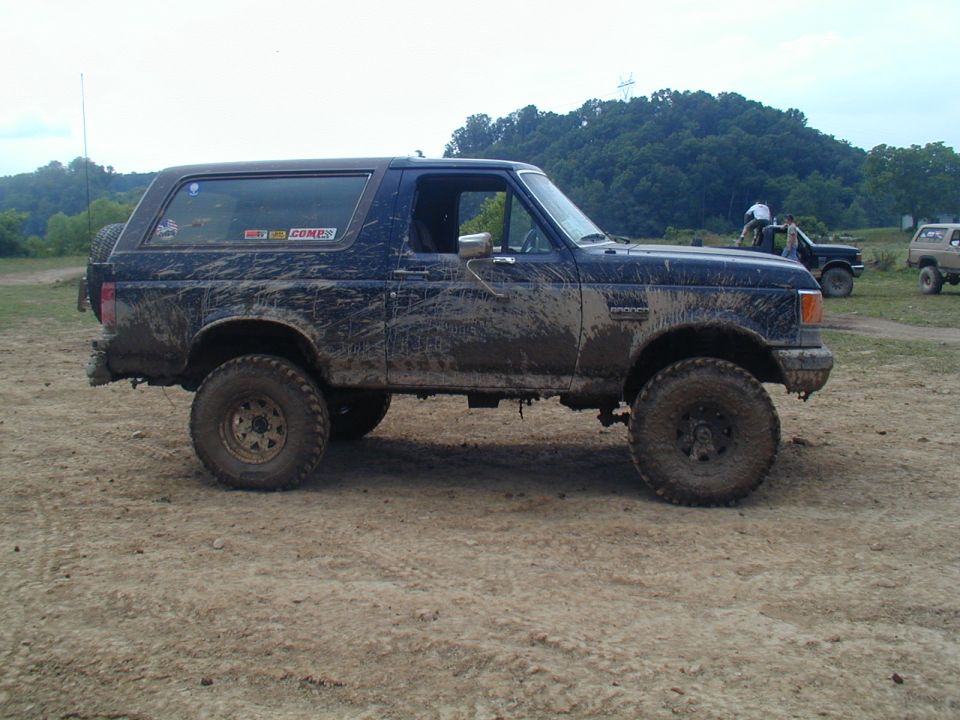 Muddy dark blue lifted Ford Bronco on off-road tires, side view on dirt lot