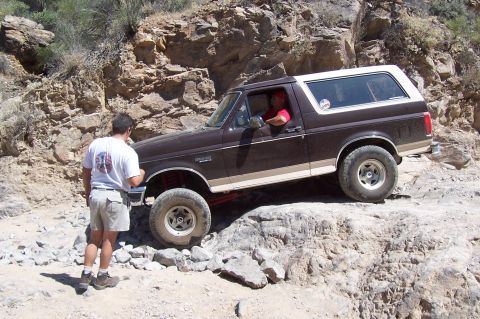 1992 Ford Bronco - Side view of a dark brown 1980s-90s full-size Ford Bronco with a white hardtop, tan lower body stripe and BRONCO fender lettering, flexing…