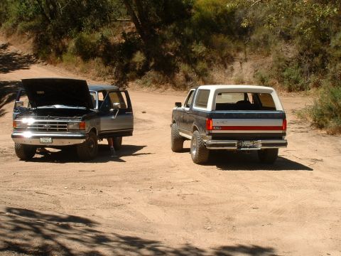 1990 Ford Bronco - Two Ford Broncos are parked on a dirt road with brush and trees in the background.
