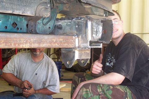 1990 Ford Bronco - Crossmember; Aaron gives a thumbs up