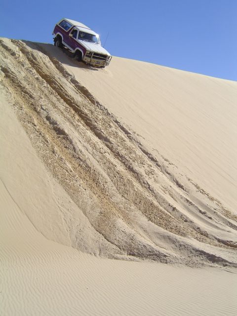 1982 Ford Bronco - A 1982 Ford Bronco navigates a steep sand dune, leaving tracks in the sand.