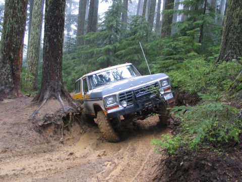 1991 Ford Bronco - A two-tone Ford F-Series truck navigates a challenging, muddy forest trail.