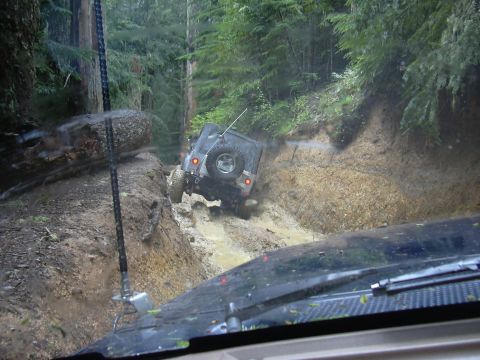 1991 Ford Bronco - Two off-road vehicles tackle a challenging, muddy trail deep in a forest.