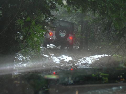 1991 Ford Bronco - A Jeep Wrangler navigates a challenging, wet, and wooded off-road path.