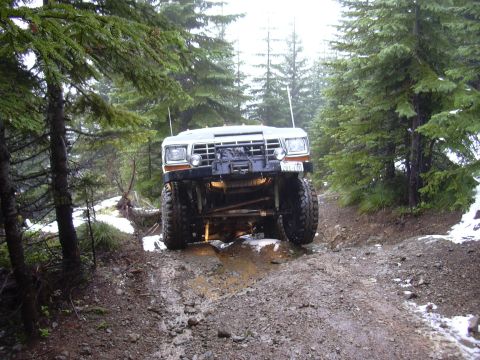 1991 Ford Bronco - This vehicle navigates a challenging, wet, and muddy path through a dense forest with patches of snow.