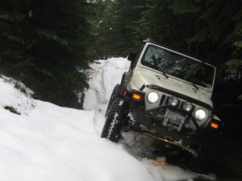 1991 Ford Bronco - A Jeep navigates a snow-covered path in a wooded area.