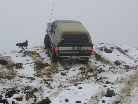 1991 Ford Bronco - A dark blue Ford Bronco with a tan camper shell navigates a snowy, rocky incline.