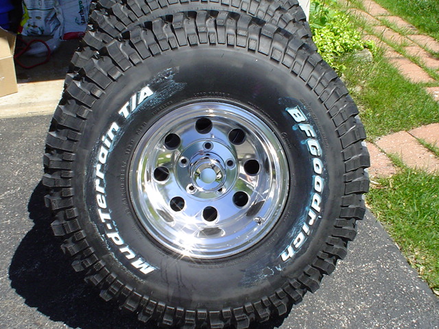 BFGoodrich Mud-Terrain T/A tires on chrome wheels, stacked