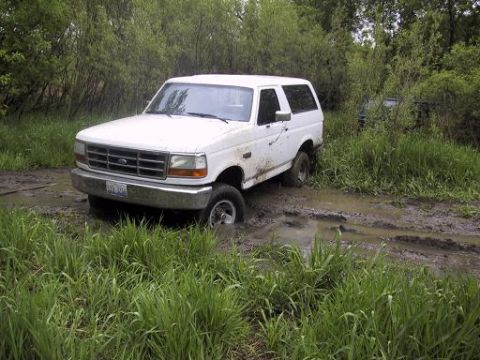 1993 Ford Bronco - A white 1992 Ford Bronco is stuck in a muddy, overgrown area with another vehicle partially visible in the background.
