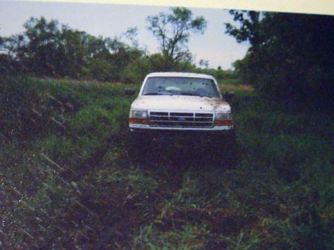 1993 Ford Bronco - A white Ford Bronco is partially submerged in mud and grass, facing forward.