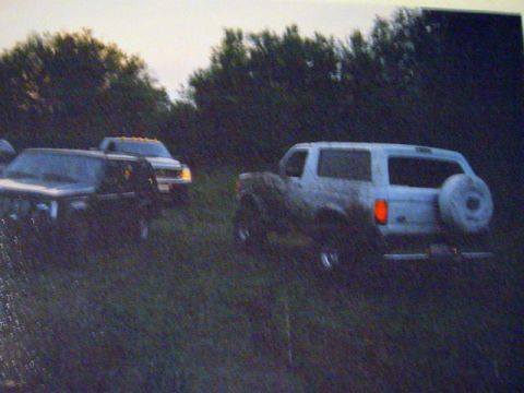 1993 Ford Bronco - A white Ford Bronco is parked in a grassy area with trees in the background. Another vehicle is partially visible to the left.