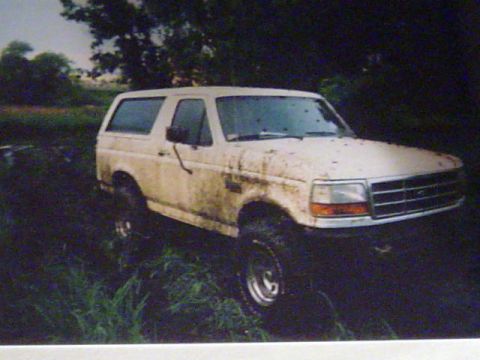 1993 Ford Bronco - A muddy white Ford Bronco sits in overgrown grass, its front grille visible.