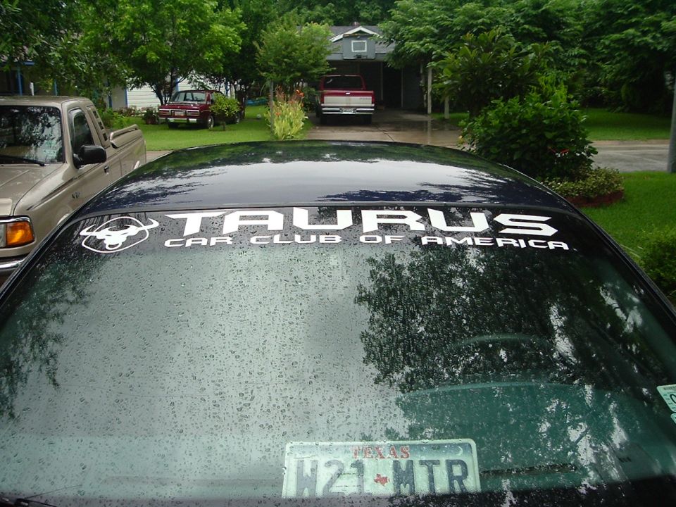 Dark sedan rear window with a "TAURUS CAR CLUB OF AMERICA" sticker and a Texas license plate