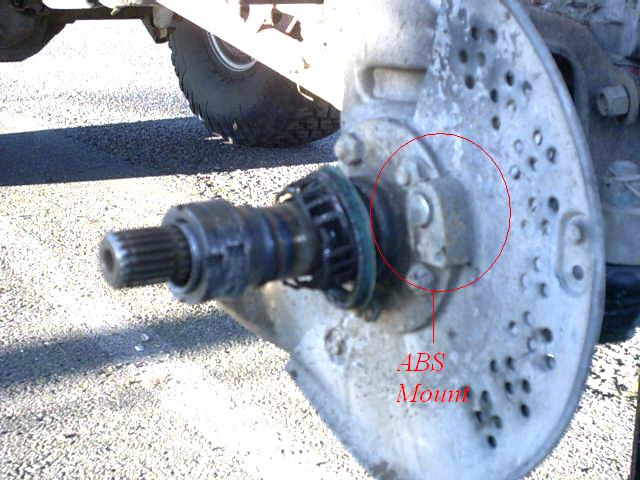 Annotated photo of a splined front axle stub and dust shield with red circle marking the ABS sensor mount