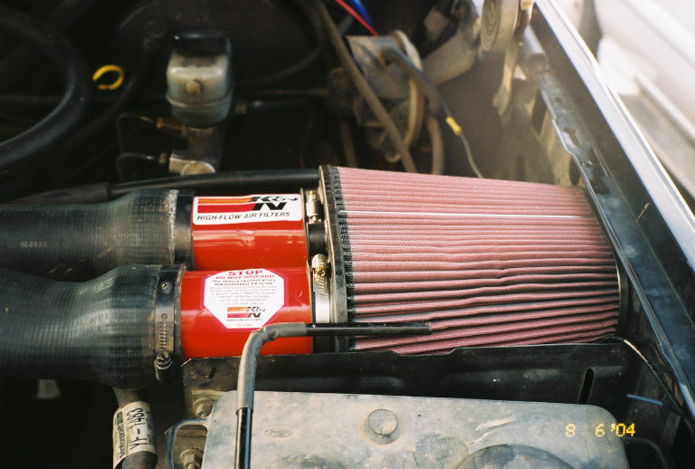 K&N high flow air filter assembly in engine bay