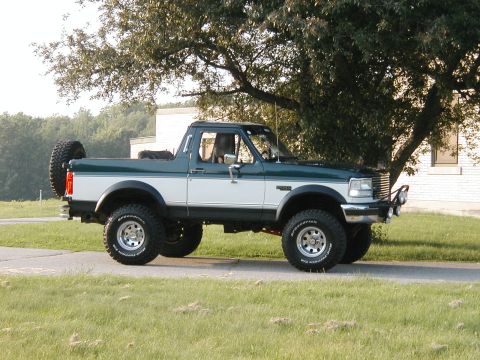 1994 Ford Bronco - This Ford Bronco is a two-tone green and white SUV with a spare tire on the back.