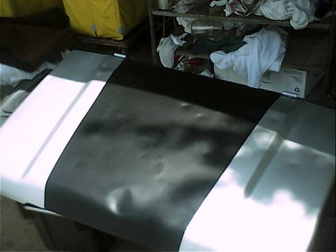 1978 Ford Bronco - A car hood with a black stripe is shown, with shelves and items in the background.