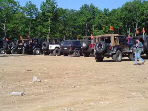 1993 Ford Bronco - A group of Jeeps are parked on a dirt lot, with trees visible behind them under a clear sky.