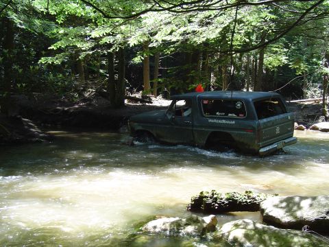 1993 Ford Bronco - A vintage Ford Bronco navigates a rocky stream bed surrounded by lush green trees.