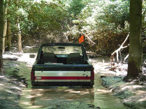 1993 Ford Bronco - This truck is navigating a water-filled path surrounded by trees and foliage.