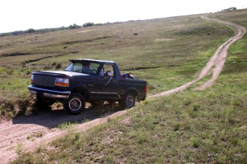 1995 Ford Bronco - A dark SUV navigates a winding dirt road through a grassy, hilly landscape under a clear sky.