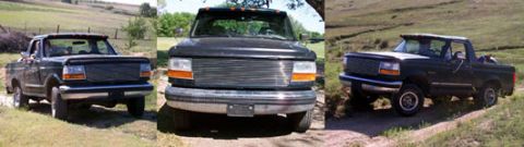 1995 Ford Bronco - Wide three-panel signature banner showing a dark gray Ford Bronco with its rear top removed: a front three-quarter shot in a grassy pasture…